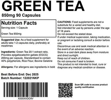 Green Tea Extract 90 Capsules 850mg High Strength Capsules Powerful Antioxidant UK Made. Pharmaceutical Grade