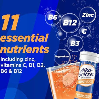 Alka-Seltzer Energy Boost: Caffeine & Guarana, B Vitamins, Supports Mental Alertness And Physical Energy, Daily Energy Supplement, Fizzy Tablets, Sugar-, Light Tropical Punch Flavor, 30Ct