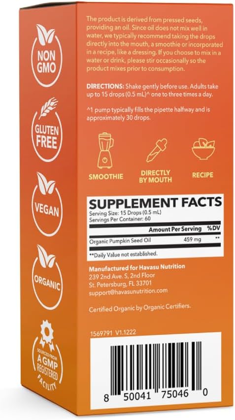 Pumpkin Seed Oil - USDA Organic - Cold Pressed for Hair, Prostate, and Hormone Support - 2 Month Supply - Liquid Drops for Men and Women - Vegan, Non-GMO, and Gluten Free - Unflavored, 1 Fl Oz