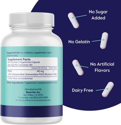 Bestvite PQQ 40mg (Pyrroloquinoline Quinone) (120 Vegetarian Capsules) (60 x 2) - No Stearates - Vegan - Non GMO - Gluten