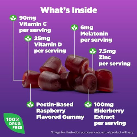 Natrol Sleep Immune Health Gummy Sleep Aid & Immunity Support Elderberry Vitamins C D And Zinc Drug Free 50 Berry Flavored Gummies (Packaging May Vary)