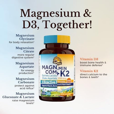 Vitalitown 6-In-1 Magnesium Complex & Vitamin D3 K2 Bundle (Pack Of 2) For Digestive Bone Heart Immune Health Magnesium Glycinate 10000Iu D3 Mk-7 120 Mag Caps & 90 D3 Softgel