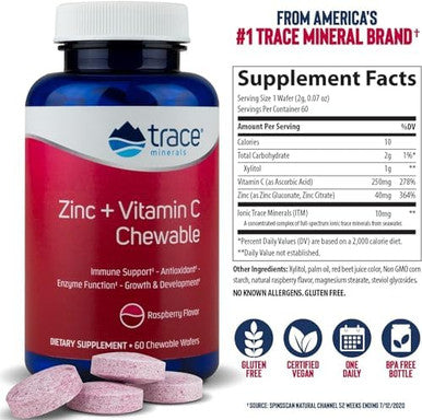 Trace Minerals Zinc Plus Vitamin C - Chewable Multivitamin For Enzyme Function & Healthy Growth Support - Vitamin & Mineral Supplement For Immune Health - Raspberry, 60 Chewable Wafers (60 Servings)