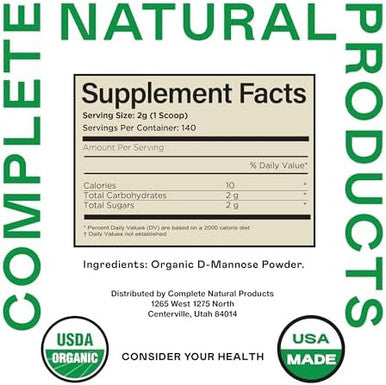 Complete Natural Products Organic D-Mannose Powder - 2000Mg (2 Grams) - Non-Gmo - Vegan Friendly - Urinary Tract Flush & Treatment - Bladder Cleanse & Urinary Tract Health Supplement