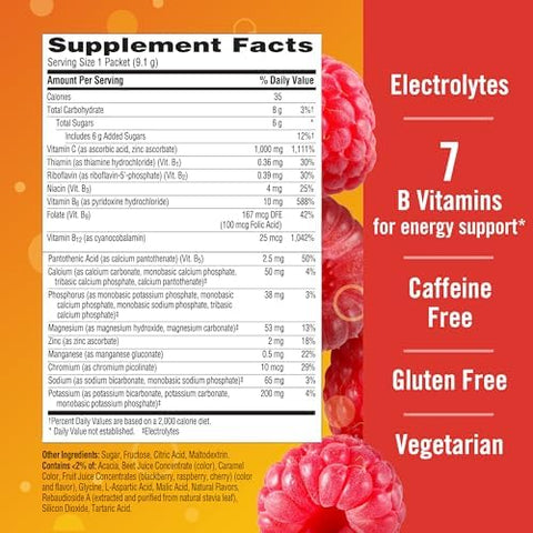 EmergenC 1000Mg Vitamin C Powder With Antioxidants B Vitamins And Electrolytes Vitamin C Supplements For Immune Support Caffeine Drink Mix Raspberry Flavor 60 Count/2 Month Supply