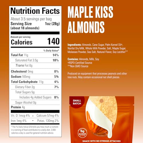 SkinnyDipped Maple Kiss Almonds, Healthy Snack, Plant Protein, Gluten Free, 3.5 oz Resealable Bags, Pack of 5, Seasonal Flavor