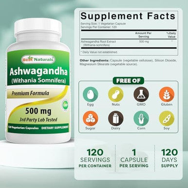 Best Naturals 2 Pack Ashwagandha Capsules For Relaxing Stress And Mood 500 Mg 120 Count (Total 240 Capsules)