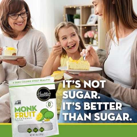 Healthier Comforts Monk Fruit with Granulated Allulose (No Erythritol) | All Natural Sugar Substitute | Zero Calorie 1:1 White Sugar Replacement | No Aftertaste, Keto, Non-GMO, Gluten Free, Vegan, Zero Net Carbs | 10oz