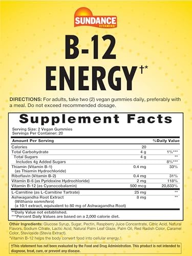 Sundance Vitamin B12 Energy Gummies 40 Count Peach Raspberry Flavor Vegan NonGMO and Gluten Free Supplement