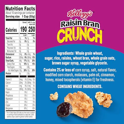 Kellogg's Raisin Bran Crunch Breakfast Cereal Cups, Fiber Cereal, Made with Real Fruit, Original, 33.6oz Case (12 Cups)