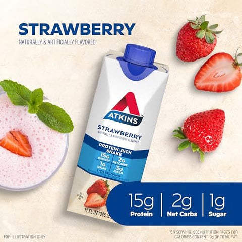 Atkins Strawberry Protein Shake & Dark Chocolate Royale Protein Shake 15G Protein Low Glycemic 2G Net Carb 1G Sugar Keto Friendly 12 Count