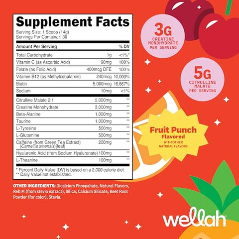 Wellah Pre-Workout Creatine Powder (30 Servings) Fruit Punch - 200Mg Caffeine 3G Creatine Monohydrate 5G Citrulline Malate Pre-Workout With Creatine Supplement