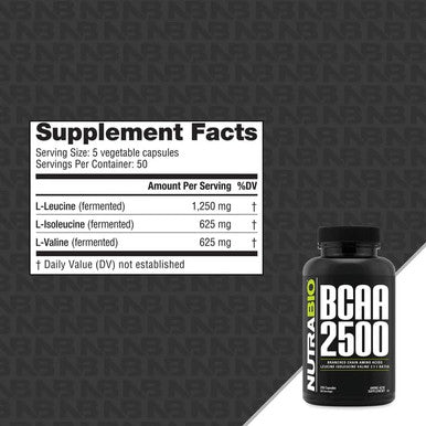 Nutrabio BCAA 2500 Branched Chain Amino Acids Support Muscle Growth and Prevent Muscle Breakdown 250 Capsules