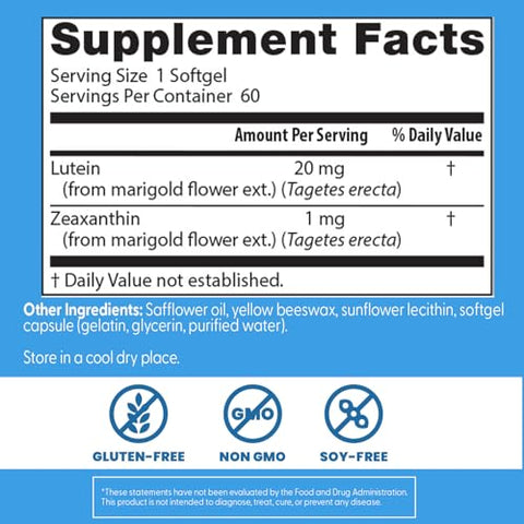 Doctor'S Best Lutein Supplement 20Mg With Zeaxanthin 1Mg - Lutein For Eyes Eye Health Vitamins For Men & Women Vision And Macular Health Support Capsules Marigold Flower Extract 60 Softgels