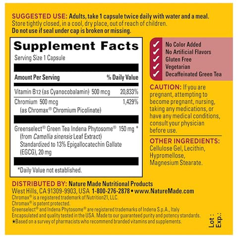 Nature Made Metabolyze Capsules Chromium Picolinate Green Tea Extract And B12 Healthy Weight Management & Fat Metabolism Support 60 Capsules 30 Day Supply