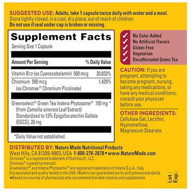 Nature Made Metabolyze Capsules Chromium Picolinate Green Tea Extract And B12 Healthy Weight Management & Fat Metabolism Support 60 Capsules 30 Day Supply