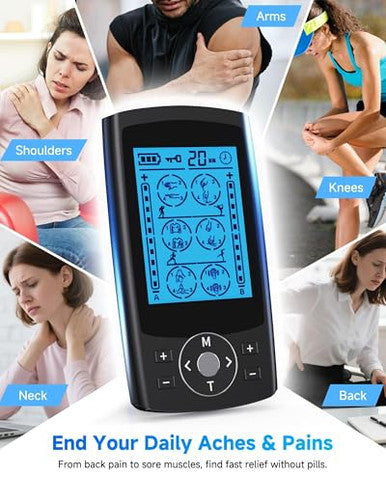 Homchy Tens Unit Muscle Stimulator 24 Modes Dual Channel Tens Ems Machine For Muscle Tension And Back Relief Rechargeable Pulse Massager With Timer 6 Upgraded Pads For Neck Shoulder Leg And Knee