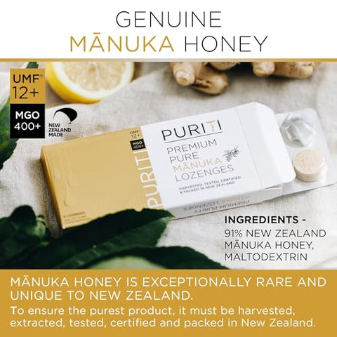 PURITI Premium Manuka Honey Lozenges High Potency - Sugar Free Drops | Genuine New Zealand Raw Manuka Honey Soothers for Coughs & Sore Throats | UMF Certified MGO 400+ UMF12+ (16 Pack)