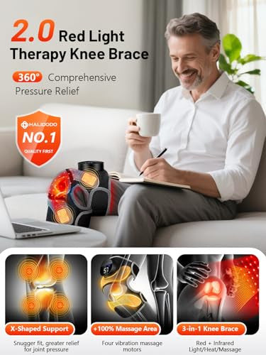 Halidodo Upgrade 4 Massage Area Knee Brace & Red Light Therapy For Knee Cord-Free Rechargeable Controller 20Min Auto Shut-Off 660Nm & 850Nm Red Light Therapy Device For Knee/Elbow/Shoulder.
