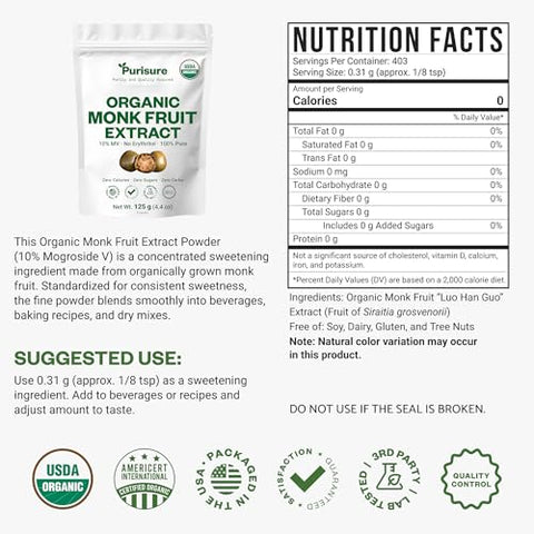 Organic Monk Fruit Extract Powder, 125g (4.41oz), No Fillers Pure USDA Organic Monk Fruit Extract Sweetener with No Aftertaste, Zero Calorie & Zero Carbs, Keto & Paleo Friendly 403 Servings