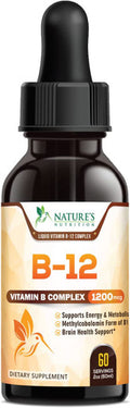 Vitamin B12 1200 Mcg - Sublingual Liquid Drops Extra Strength Energy Support - Nature's Fast Acting B-12 Methylcobalamin Supplement Raspberry Flavor, Non-GMO & Gluten-Free - 2 Fl Oz