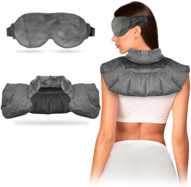 Neck & Shoulder Wrap With Hot & Cold Therapy For Pain Relief, Muscle Relaxation & Stress Reduction + Heated Eye Mask For Dry Eyes & Headaches Comfort Fit Design