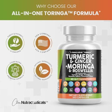 Turmeric Moringa Supplement Ginger Boswellia Saffron - Supplement For Women And Men With Ceylon Cinnamon, Tart Cherry, Quercetin Garlic Nettle Holy Basil - 1Pack