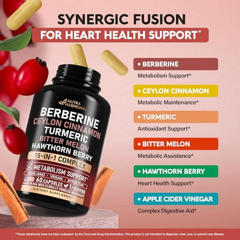 Nutraharmony Berberine With Ceylon Cinnamon Bitter Melon (Karela) Apple Cider Vinegar Hawthorn Berry Citrus Bergamot Turmeric - 15-In-1 Supplement For Heart Support Metabolism & Energy 60 Capsules