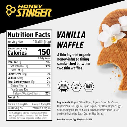 Honey Stinger Organic Vanilla Waffle | Energy Stroopwafel for Exercise, Endurance and Performance | Sports Nutrition for Home & Gym, Pre and Post Workout | Box of 6 Waffles, 6.36 Ounce