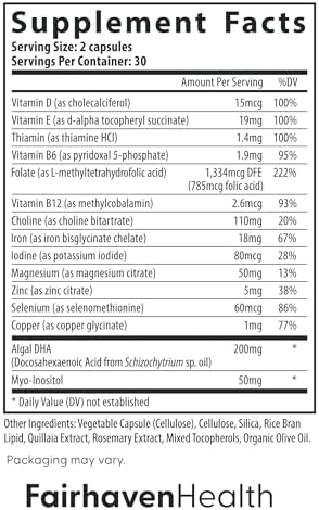 Fairhaven Health Prenatal Multivitamin Essentials with DHA Prenatal Vitamins + DHA Choline MyoInositol Citrus Essence to Deter Nausea Vegan 60 Capsules