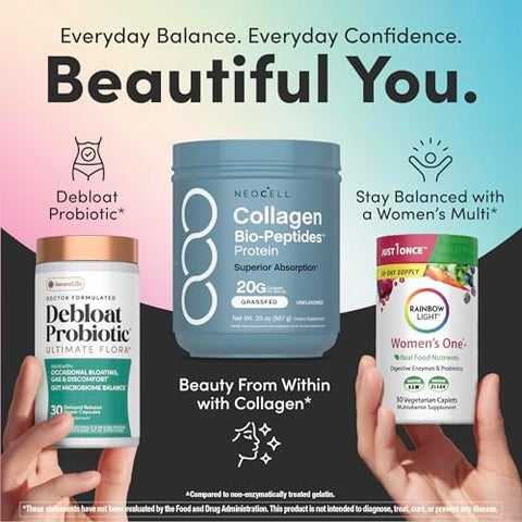Neocell Womena A' A" S Debloat Beauty and Balance Bundle 3In1 Bundle Pack Collagen BioPeptides Protein Debloat Probiotic Womena A' A" S One + Multivitamin