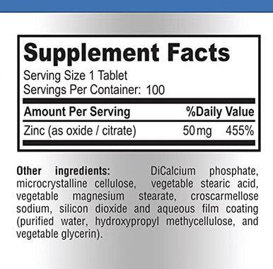 Zinc Citrate/Oxide 50Mg - Immune Support & Antioxidant Supplement, Skin Health Support - 100 Tablets