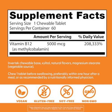 Doctor'S Best Chewable Fully Active Methyl B12 Methylcobalamin Energy Memory & Mood Support Nongmo Gluten Soy Vegan 60 Tablets