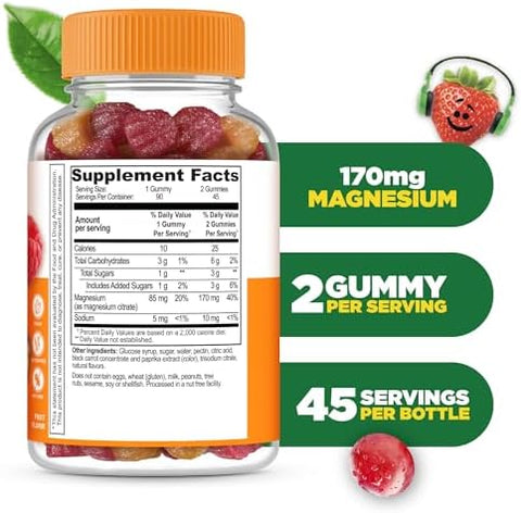Lifeable Magnesium Gummies For Kids 170Mg Elemental Magnesium From 1420Mg Magnesium Citrate Great Tasting Kids Magnesium Supplement Muscle Support And Stress Relief Chewable 90 Gummies