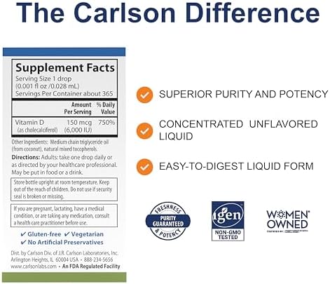 Carlson Super Daily D3 6000 IU (150 mcg) per Drop Liquid Vitamin D3 1Year Supply NonGMO Unflavored 365 Vegetarian Drops (10.3 mL)