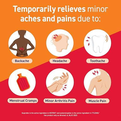 Motrin Dual Action with Tylenol Fast-Acting Long Lasting Pain Reliever with Ibuprofen & Acetaminophen for Minor Aches & Pains Ibuprofen (NSAID) 125 mg & Acetaminophen 250 mg