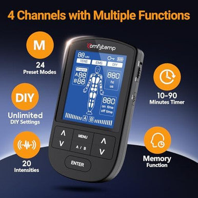 Comfytemp 4 Outputs Tens Unit For Sciatica Cover Multiple Parts Fsa Hsa Eligible Rechargeable Ems&Massage Tens Unit Muscle Stimulator For Pain Relief With 24 Modes And Diy For Back Shoulder Neck