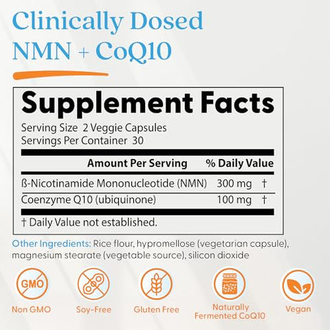 Doctor'S Best Nmn Coq10 Supplement For Women & Men - Supports Nad Production & Cellular Energy Beta Nicotinamide Mononucleotide 150 Mg & Coenzyme Q10 50 Mg Per Capsule Vegan Non Gmo 60 Veg Caps