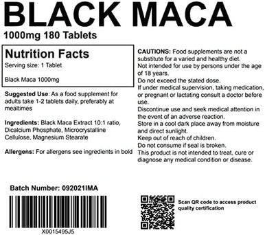 Black Maca Root 1000mg 180 Tablets Supplement UK Made. Pharmaceutical Grade Energy, Fertility and Mood