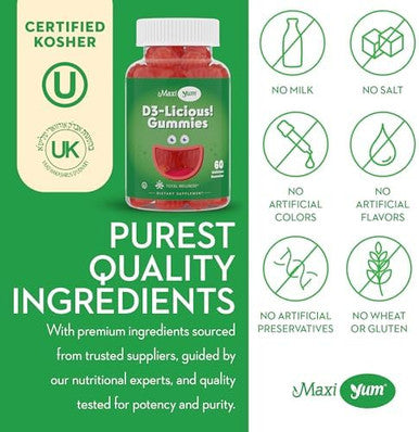 Maxi Health Kosher Vitamin D Gummies 1000 Iu (25 Mcg) Vegan Gluten Supports Bone Teeth Immune Health For Adults & Kids Promotes Calcium Absorption Kosher Gummies For Women & Men