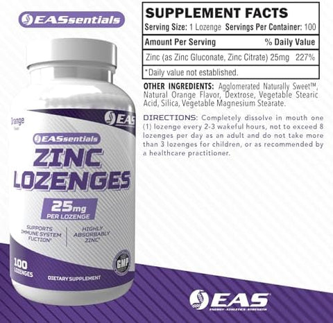 EAS Zinc Lozenges Highly Absorbable with No Fillers or Additives Supports Immune Function Gluten Free Non GMO 100 Lozenges (Orange Flavor)