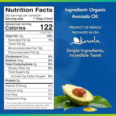 Kevala Organic Avocado Oil - 128 fl oz - 3.7 L - 1 Gallon - Avocado Oil for Cooking - Organic Cold Pressed Ã¢â‚¬â€œ High Smoke Point Ã¢â‚¬â€œ For Skin and Hair