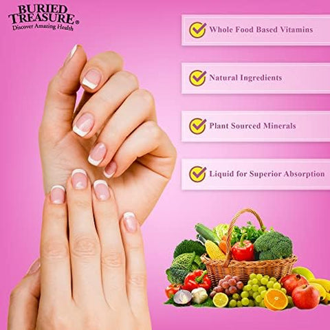 Buried Treasure Hair Skin and Nails with MSM Biotin Aloe Vera plus Vitamins and Minerals in a High Potency Liquid Whole Food Complex for Fuller Hair Stronger Nails and Clearer Skin 16 oz