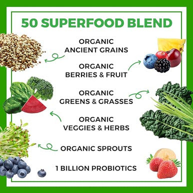 Orgain Organic Greens Powder + 50 Superfoods Original 1 Billion Probiotics For Digestive Health Antioxidants Vegan Plantbased Gluten Nongmo Green Juice & Smoothie Drink Mix 0.62Lb