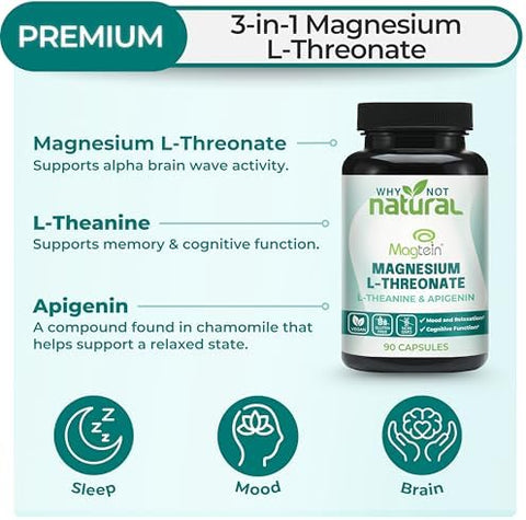 Magnesium LThreonate Complex with Apigenin and Ltheanine 90 Capsules Patented Magtein Supplement