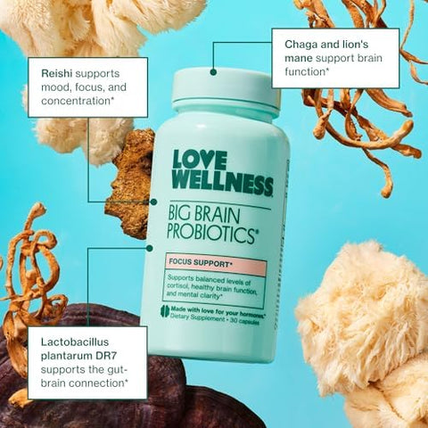 Love Wellness Big Brain Probiotics Nootropics Brain Support Supplement Brain Supplements For Memory And Focus Promotes Mental Clarity & Mood Organic Reishi Chaga & Lions Mane 30 Count