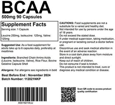 BCAA - Branch Chain Amino Acids 500mg 90 Capsules - Muscle Building and Strength gain Supplement UK Made. Pharmaceutical Grade