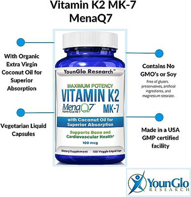 Younglo Research Vitamin K2 Mk7 (Menaq7) 100 Mcg W/Coconut Oil For Superior Absorption Dietary Health Supplement 120 Vegan Liquid Capsules To Support Bone Strength & Density For Adults Women & Men