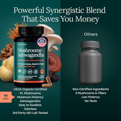Etta Vita Usda Organic Lions Mane Supplement Capsules With Ashwagandha Chaga Reishi