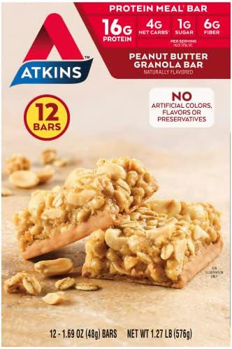 Atkins Peanut Butter Granola Protein Meal Bar High Fiber 16G Protein 1G Sugar 4G Net Carb & Blueberry Greek Yogurt Protein Meal Bar High Fiber 15G Protein 3G Sugar 5G Net Carbs